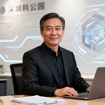开云体育创始人张启明的正式商务照，身着深色西装，背景为深圳科技园办公室，神情自信沉着
